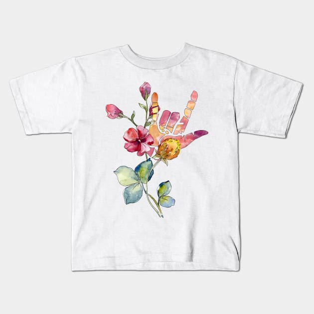 ASL Sign Language Shirt Deaf Interpreter ILY Sign Floral Watercolor Cute Gift Kids T-Shirt by flytogs